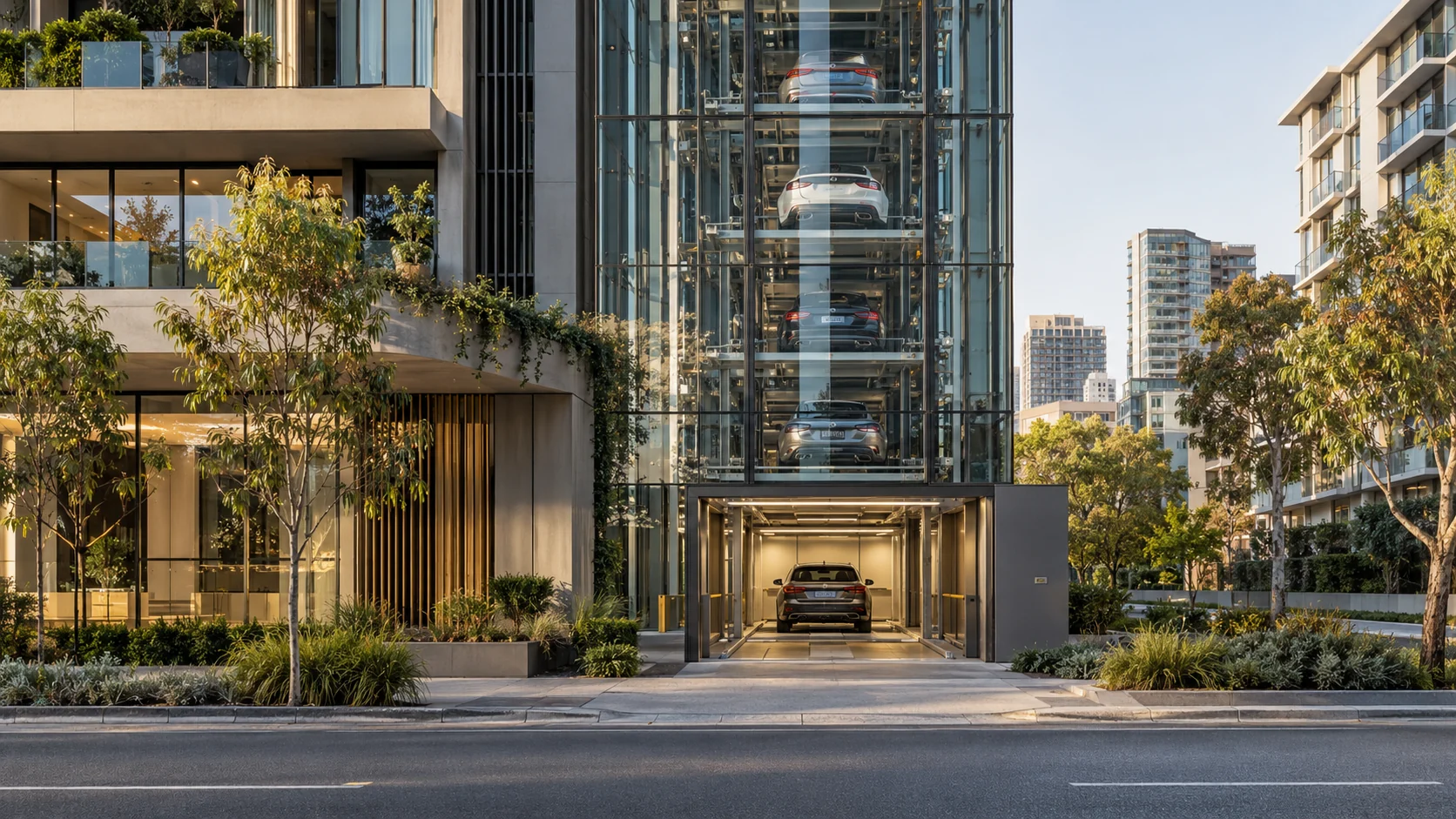 Illustrative concept of a high-rise automated parking tower integrated with contemporary urban architecture. This is not a verified Xizi iParking or AutoBay project.
