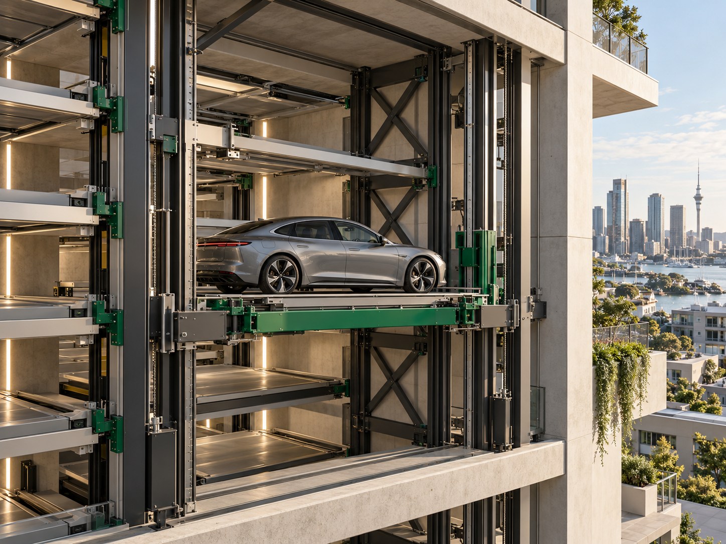 Illustrative cutaway of an automated parking structure, with a vehicle on a transfer platform between lift rails.